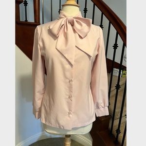 Vintage pink polyester tie neck work blouse, size 35 (US size 4)